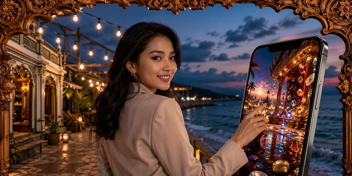 Pengguna mengakses platform casino mobile lapak89 dari tepi pantai Indonesia